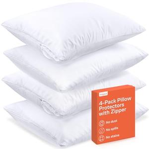 Ultra Soft Pillow Protectors with Zipper Queen Size - Set of Only 3 Breathable Pillow Covers - 100% Protection Against Stains, Dust & Dirt - Machine Washable (White)