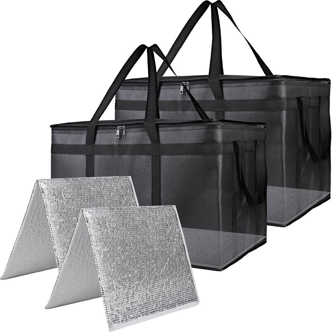 2PK Insulated Food Delivery Bag with Reinforced Hard Bottom - XXXL Thermal Catering Tote for Hot Pizza, Cold Drinks & Meal Boxes - Ideal for Delivery Staff, Restaurants, and Outdoor Events (Black)