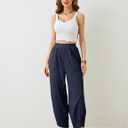 Xiaoxuemeng Womens Baggy Wide Leg Pants Casual Elastic Waisted Palazzo Harem Pants with Pockets (Blue, L)