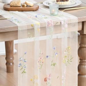 Artoid Mode Wildflower Floral Milky White Gauze Embroidery Table Runner 120 Inch 10FT, Tulle Seasonal Spring Kitchen Dining Table Decor for Home Party