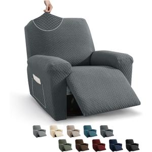 MAXIJIN Recliner Cover Slipcovers for Living Room 4 Pieces Stretch Jacquard Recliner Chair Cover Soft Fitted Recliner Protector with Elastic Bottom for Kids, Pets (Recliner, Dark Gray)