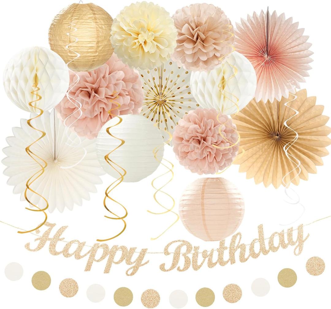 Champagne-Gold Beige Fall Boho Birthday Party-Decorations - 21pcs Autumn Neutral Retro Happy Banner,Girl One Sweet Peach Paper Streamers Lanterns,Tissue Pom Poms Fan,Rustic Backdrop Decor Huglony