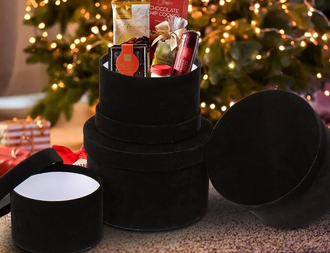 GnFlus Black Gift Boxes with Lids for Presents Set of 3 Round Velvet Nesting Gifts Box for Arrangements Flowers Wedding Birthday Mothers Valentines Day Bridesmaid Christmas Party Anniversary, Black