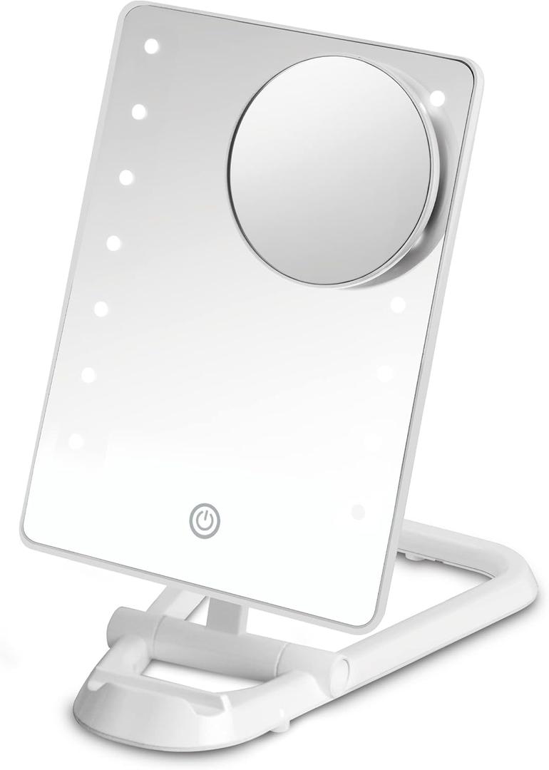 Conair Lighted Makeup Mirror, LED Vanity Mirror, 1X/10X Magnifying Mirror with Phone Holder, Battery Operated in Glossy White