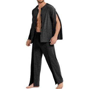 Deyeek Post Shoulder Surgery Shirts for Men Chemo Port Shirts Dialysis Patient Care Tear Away Cotton Pajamas Set (Large, Black)