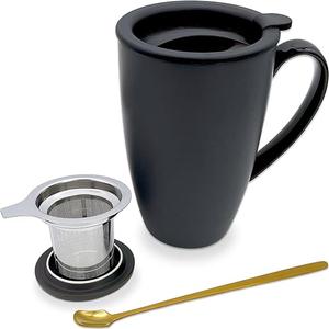 YumKubis Tea Mug with Infuser and Lid, 17oz Large Tea Infuser Cup, Ceramic Tea Infuser Mug Loose Leaf Teacups with Strainer, Spoon & Silicone Lid, Microwave & Dishwasher Safe, Black