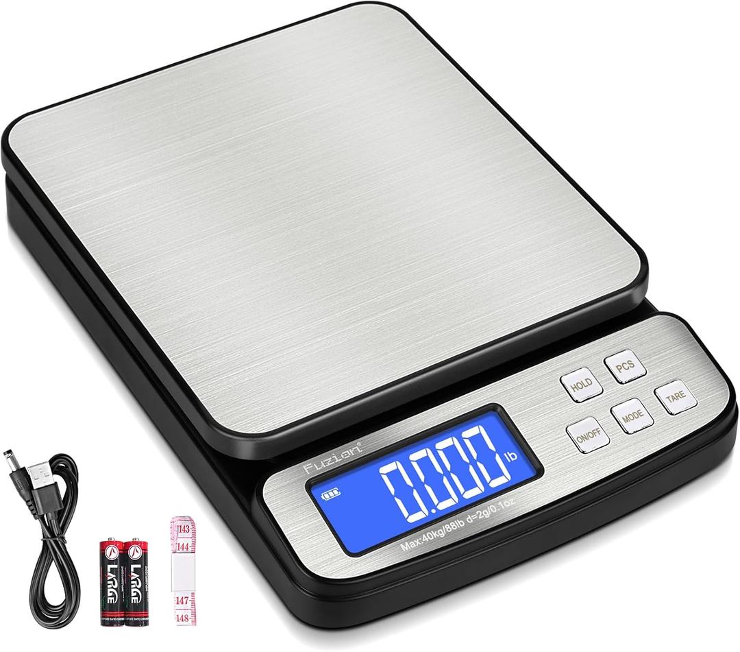 Fuzion Digital Shipping Postal Scale - 88lb x 0.1oz, Stainless Steel Platform, 5 Units, Hold/Tare/PCS Counting, Easy Calibration, Large LCD, Scale for Packages, All-in-1 Shipping Scale (PS2)