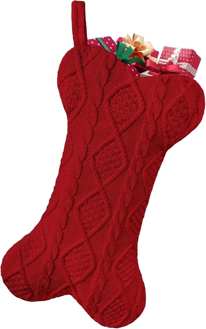 Pet Dog Christmas Stocking, Knit Red Large Bone Shape Dog Christmas Stockings for Christmas Holidays Home Decorations