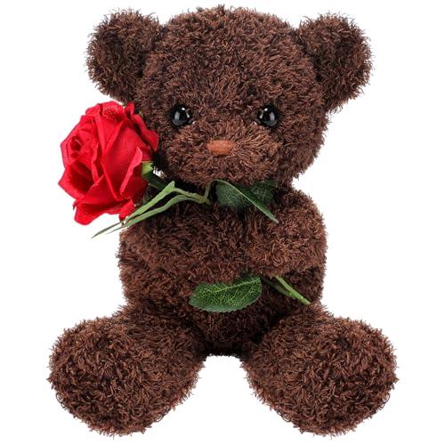 Civaner Bear Stuffed Animal Gift with Rose Funny Cute Bear Stuffed Animal Plush Gift for Mother Day Mom Birthday Wedding Christmas, 11.8 Inches(Brown)