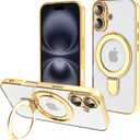 Tnarru Designed for iPhone 16 Case with Stand [Magnetic Ring Holder] [Built-in Camera Lens Protector] Slim Anti-Scratch Non-Yellowing for iPhone 16 Clear Case Gold