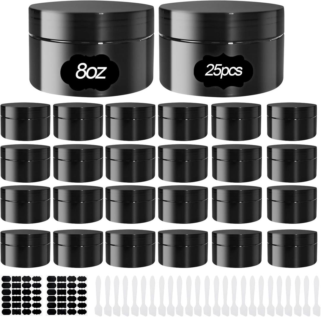25 Pcs Plastic Jars with Lid 8 oz Plastic Cosmetic Containers Round Lotion Sample Containers Refillable Travel Jars Leak Proof Empty Cosmetic Jars for Storage Cream Powder Ointment Supplies(Black)
