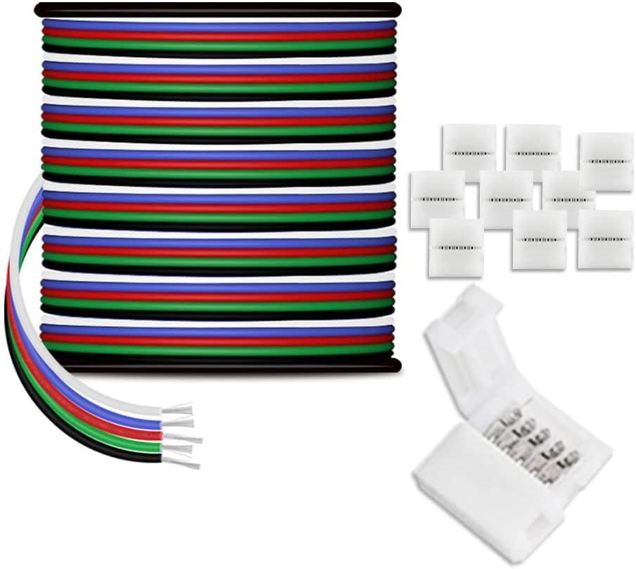 30m/100ft RGBW LED Extension Cable 22 Gauge 5Pin 12V DC Electrical Wire 5 Core 22AWG Wires with 10PCS Connectors for RGBW 3528 5050 Led Strip