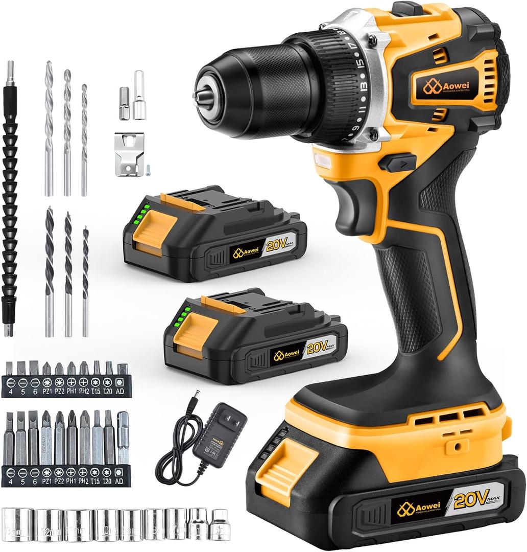 Cordless Drill Set/Driver, 20V Electric Power Drill With Battery And Charger, 40N Torque, 20+1 Settings, 2 Batteries,3/8-Inch Keyless Chuck, Driver Bits Kit, LED Light (Yellow Model - Includes 2 Batteries)