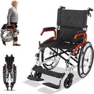 Lightweight Foldable Wheelchair,Transport Wheelchair with Handbrakes Self-Propelled for Seniors Adjustable Leg Rest & Footrest 220lbs Weight Capacity