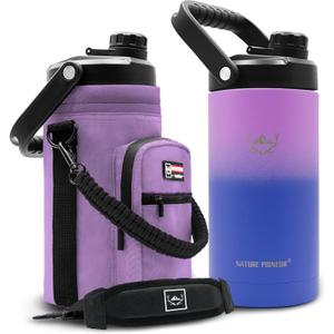 NATURE PIONEOR 64 oz Insulated Water Bottle - Double Vacuum Stainless Steel Half Gallon Water Jug with Holder/Carrier, Wide Mouth, Outdoor Sports, Hiking, Camping, Gym (Purple)
