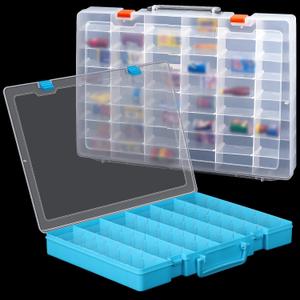 Juexica 2 Pcs Large 48 Grids Plastic Storage Bead Organizer Box, Tackle Box, Compartment Organizer Container with Adjustable Dividers for Jewelry Art Crafts Toys Screw Small Parts (Clear, Blue)