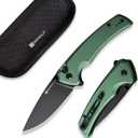 SENCUT Button Lock Pocket Knife for EDC, Serene Folding Knife, Thumb Stud & Flipper Opener, Aluminum Handle with 3.48" D2 Black Stonewashed Blade for Outdoor, Camping, Hunting S21022B-2 Green