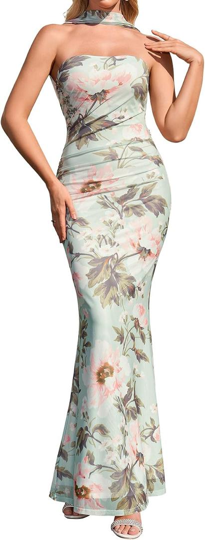 Auraxe Formal Halter Maxi Dress for Women Summer Floral Elegant Mesh Ruched Bodycon Cocktail Wedding Guest Long Dresses (S)