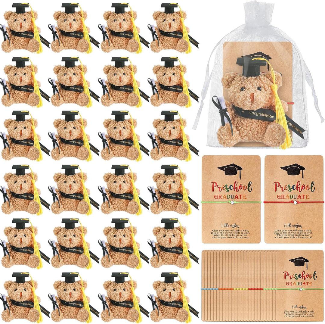 50 Pcs 2026 Preschool Graduation Bear Bulk Set with 25 Mini Graduation Gift Stuffed Bear 25 Adjustable Wish Bracelets Organza Bag for Class of 2026 Preschool Kid Child Student Grad Party Favor(Black)