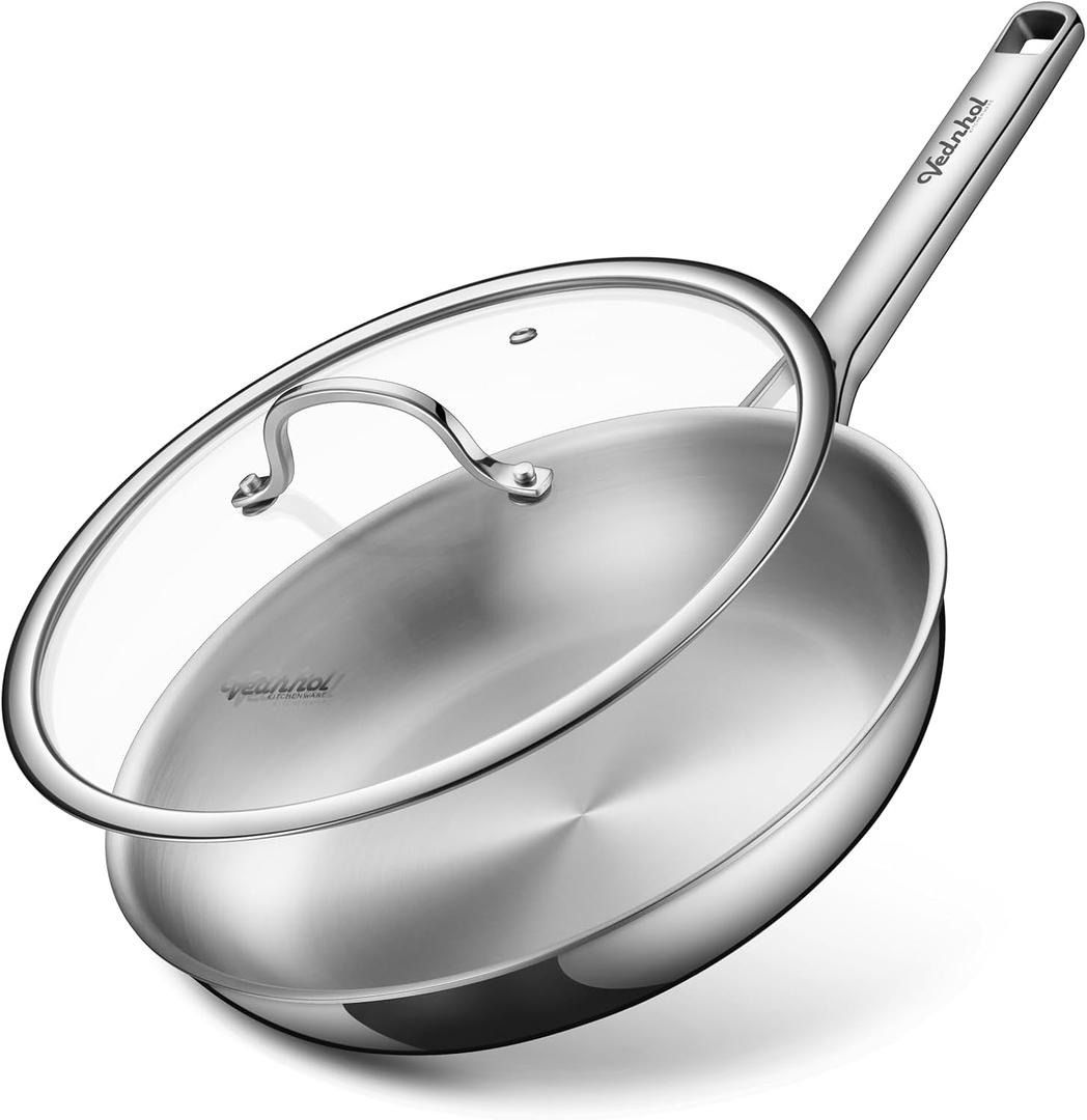 VEDNHOL Stainless Steel Frying Pan 12 Inch with Lid, Fully Clad TriPly Stainless Steel Skillet for Even Heating, Brushed Finish, Dishwasher & Oven Safe, Induction & All Stovetops Compatible