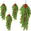 4Pcs 35" Extra Length Artificial Christmas Teardrop Swag, Faux Pine Needles Teardrop, Xmas Greenery Norfolk Wreath with Red Fruit, for Table, Door, Mantle, Fireplace Indoor and Outdoor Decor