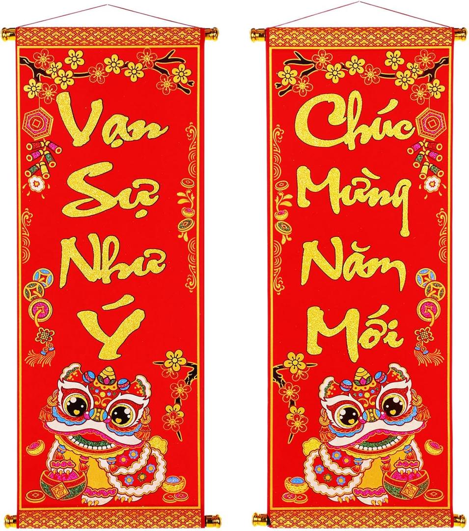 Vietnamese New Year Decorations 2026 TET Vietnamese Lunar New Year Red Hanging Couplets, Good Fortune Spring Festival Couplets Ornament for TET Home Door Wall Festival Decor(Classic)