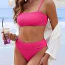 ANRABESS Womens Bikini Sets, High Waist Tummy Control Swimsuits,Ribbed Textured 2 Piece Bathing Suits,Cheeky Beach Swimwear (Pink, M)