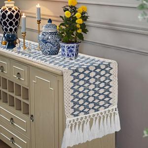 yuboo Blue and White Table Runner 48 Inches Long, Coffee Table Runner Farmhouse Style, Dresser Runner Dresser Cover Top for Nightstand, End Table, Blue and White Chinoiserie Dresser Decor