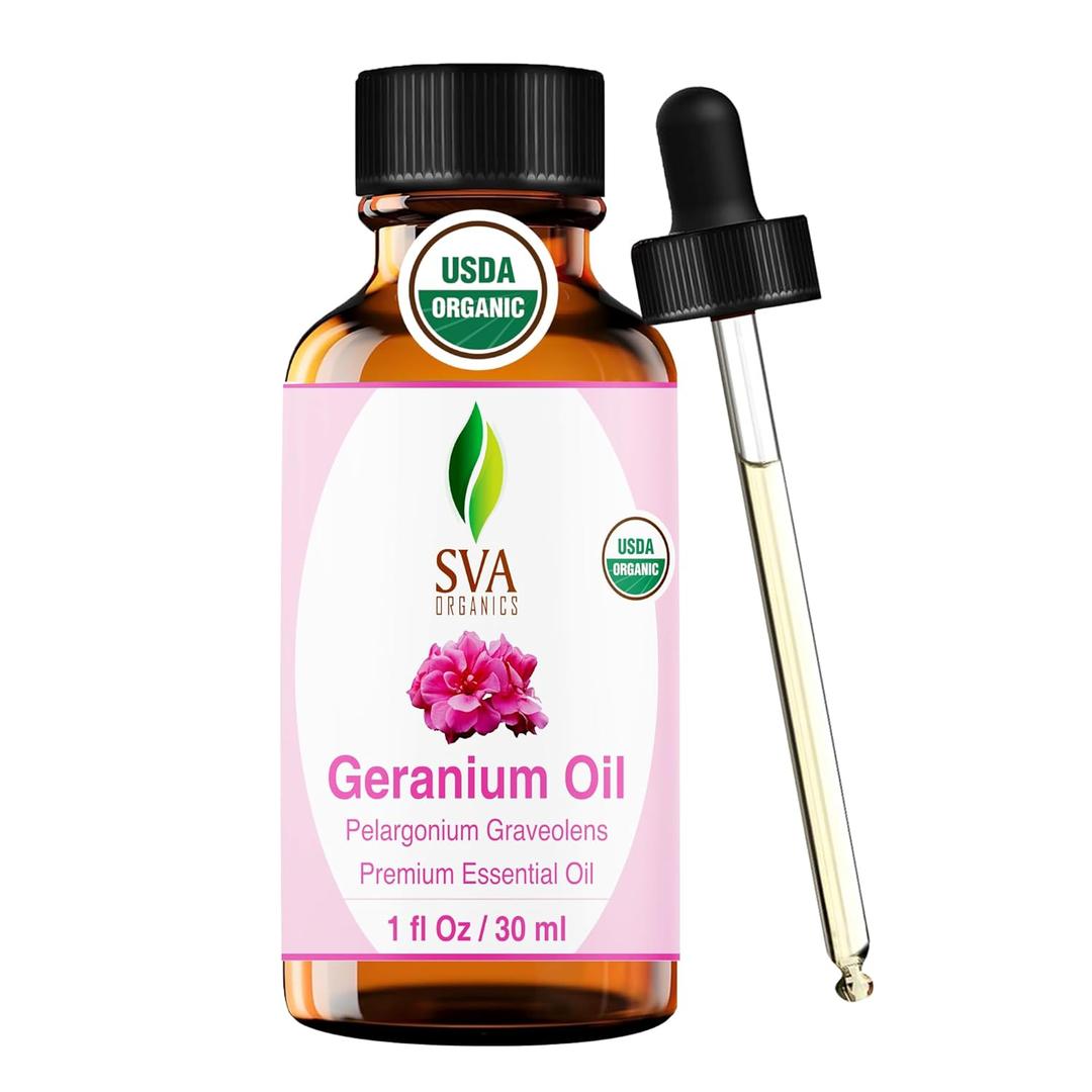 SVA Geranium Essential Oil Organic 1 Fl Oz 100% Natural Organic Geranium Oil - for Diffuser, Hair Care, Face, Skin Care, Aromatherapy, Scalp and Body Massage, Soap and Candle Making with Dropper