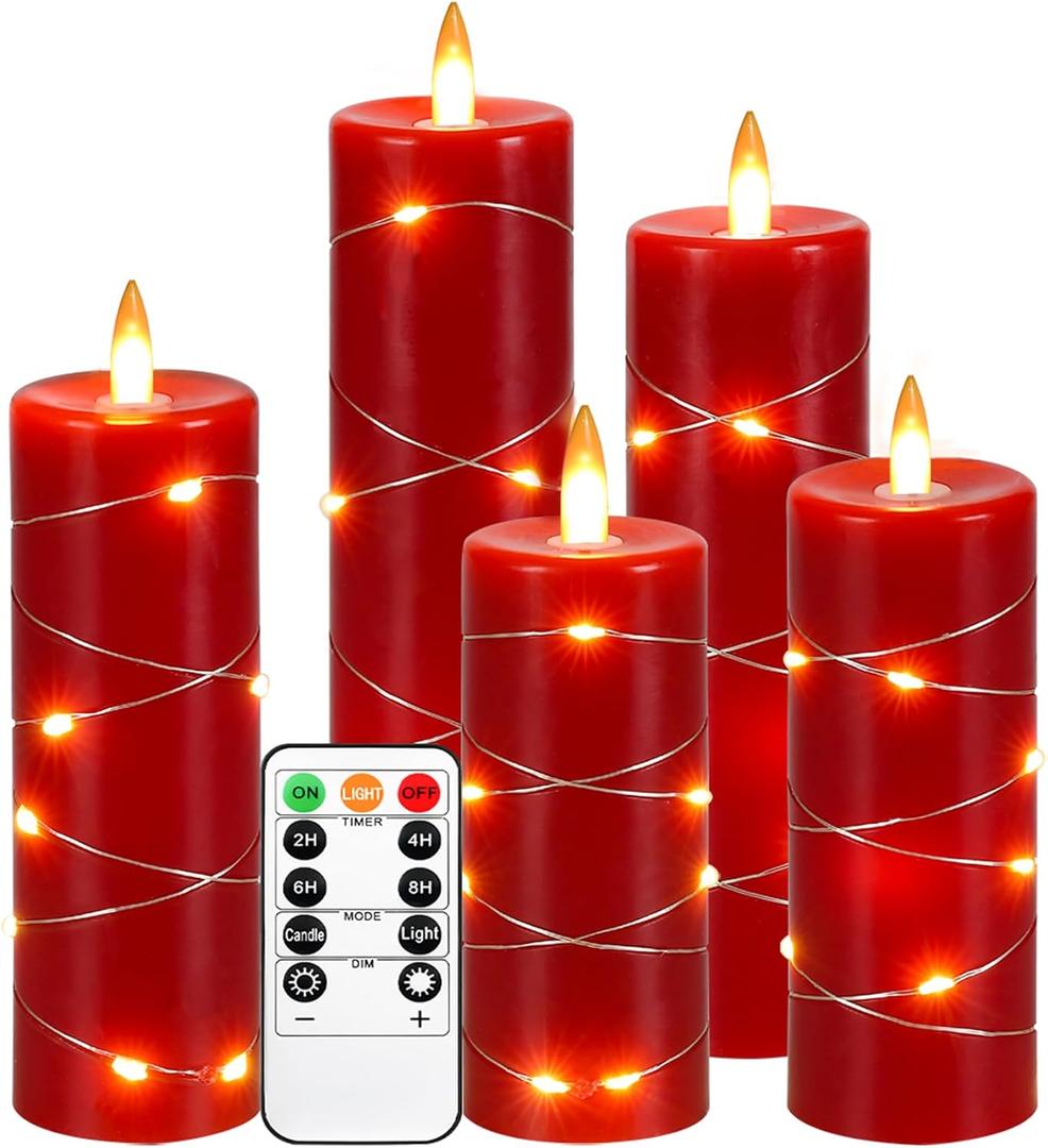 Red Flameless Candle Fairy String Lights, Premium LED Flickering Flame Simulation, LED Candle with Remote & Timed, 5 Cell Battery Powered, Christmas Candle