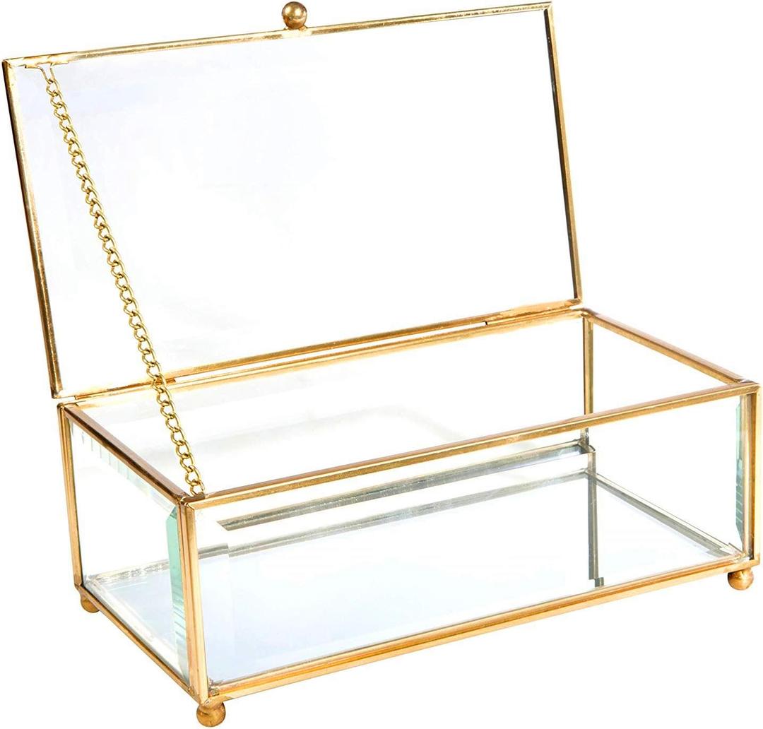 Vintage Gold Glass Keepsake Box Jewelry Holder Desktop Organizer, Decorative Accent, Vanity, Wedding Bridal Party Gift, Beveled Glass Boxes, Golden (Meas. 7.1x3.4x1.8)
