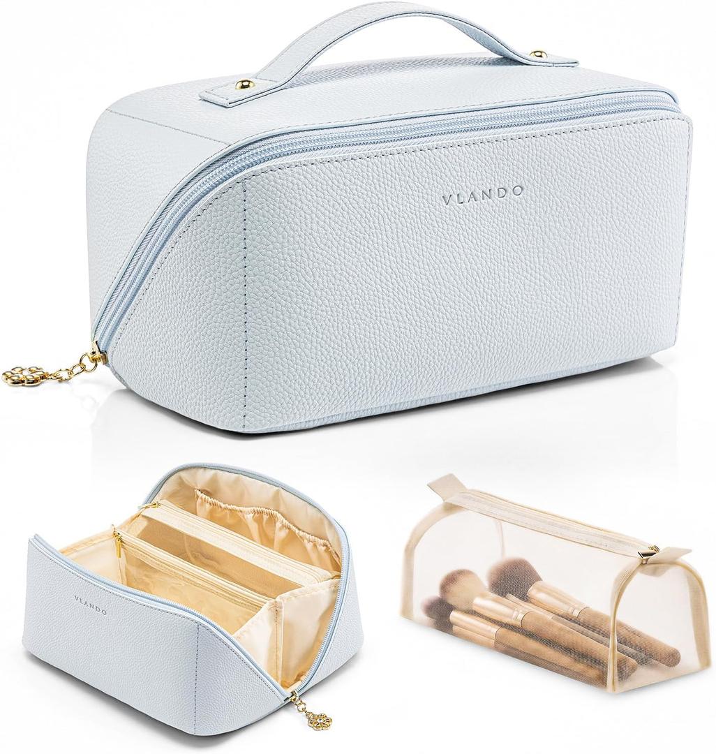 VLANDO Makeup Bag,Travel Toiletry Bag,Cosmetic Bag for Women PU Leather Portable Make up Bag for Skincare, Brushes & Travel Essentials-Baby Blue