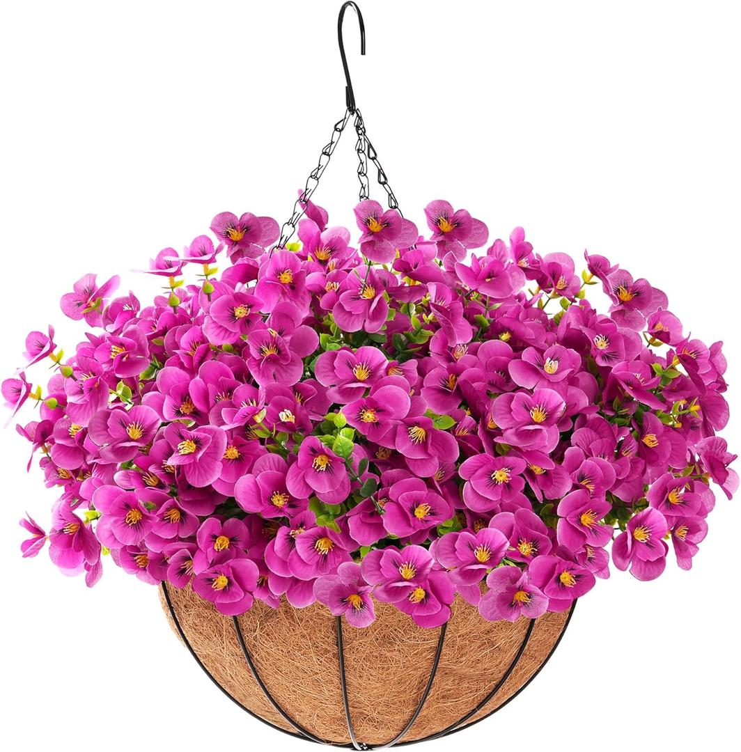 Artificial Hanging Flowers for Outdoors Summer Decoration, 12 Hanging Basket with Faux UV Resistant Silk Flowers, Realistic Fake Hanging Eucalyptus Plants for Porch Home Patio Balcony Yard (Fuchsia)