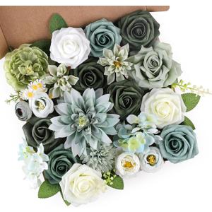 AGIRL Artificial Flowers Combo Silk Mix Green Fake Flower with Stems for DIY Wedding Bouquets Centerpieces Arrangements Table Chair Decor Baby Shower Home Decor (Sage Green)