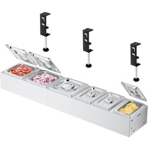Pizza Topping Station Stainless Steel, 6 Seasoning Containers with Lid, Condiment Tray for Prepping Toppings, Pizza Oven Accessories, Grill Table Cart Topping Station, C-Clamp for Different Tabletops