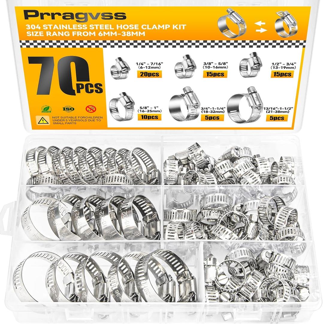 70PCS Hose Clamp Assortment Kit, 304 Stainless Steel Adjustable Worm Gear Hose Clamps Set, 1/4" to 1 1/2" (6-38mm) Range, Heavy Duty Pipe Clamps for Automotive, Plumbing, and Fuel Line