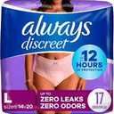 Always Discreet Adult Diapers for Women, Incontinence Underwear, Postpartum Essentials, Disposable Briefs, Max Absorbency, Bladder Leak Protection, Large, 17ct