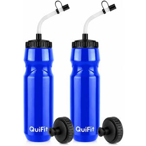 QuiFit Lacrosse Water Bottle with Long Straw -32oz Hockey Water Bottle 2 Pack with 2 Lids Each- BPA Free Squeeze Sports Water Bottles, Leakproof Dishwasher Safe- for Helmet,Lacrosse (Blue)