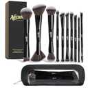NEONIQ 10 PCS Travel Makeup Brush Set With Bag, Makeup Brushes, Double-End Multi-functional Brushes for Foundation Powder Blush Eyeliner Eyeshadows, Professional Face Brush Set (Black）