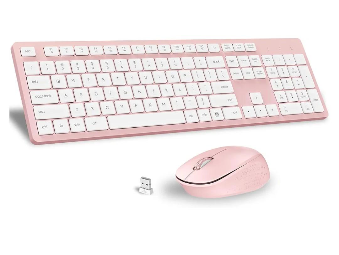 LeadsaiL Pink Wireless Keyboard and Mouse Combo, Full-Sized Ergonomic Computer Keyboard, 2.4GHz Cordless Keyboard Silent Mouse Set with 2-in-1 USB Receiver, 12 FN Shortcuts for Windows Laptop, PC/Mac