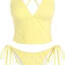 ZAFUL Women's Spaghetti Strap Tankini Swimsuits V Neck Tummy Control Tie Side Thong Bikini Swimsuits 2 Piece Bathing Suits (Yellow, M)
