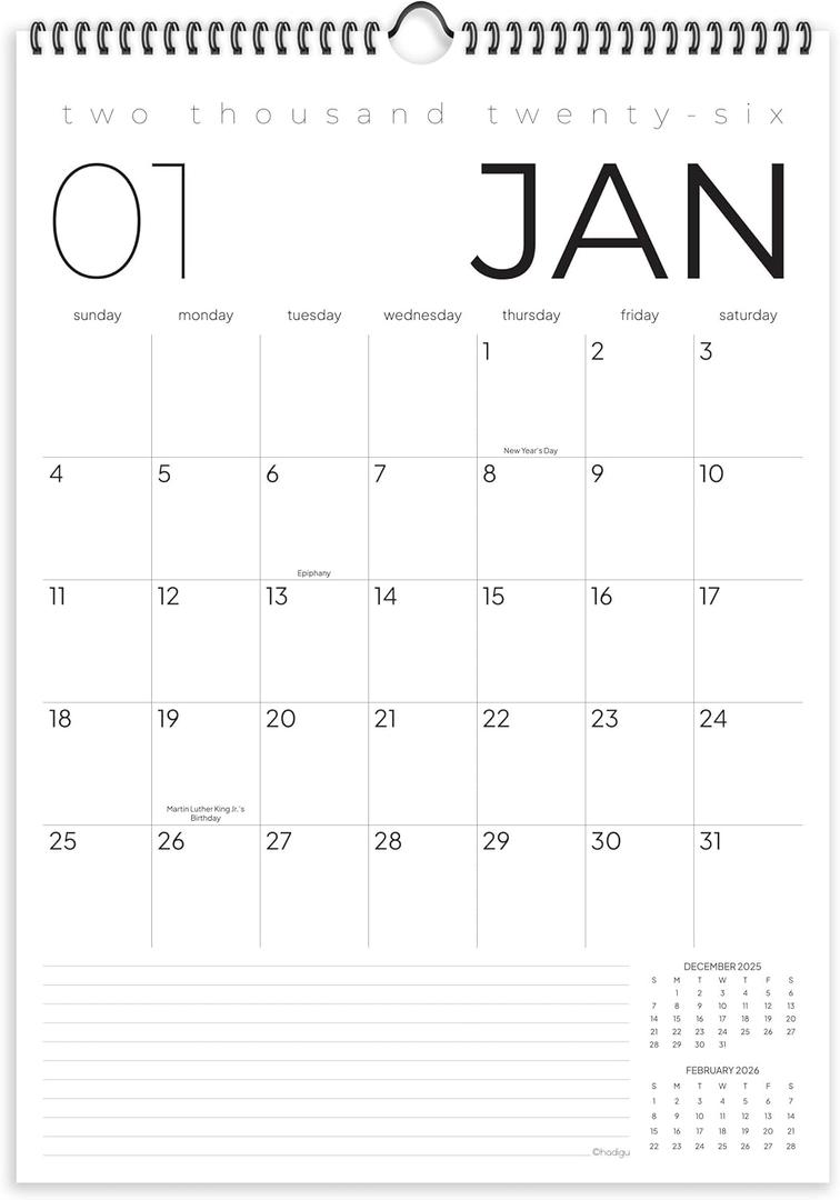 Wall Calendar 2026, 12 Months, 17" x 12" Large Wall Calendar with Hanger, Thick Paper and Spiral Binding. Classic Black & White, Professional Business Design.
