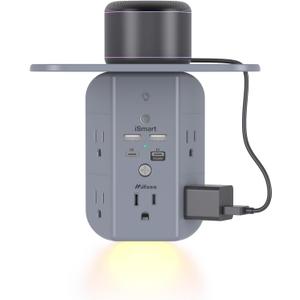 PD20W Wall Outlet Extender, Outlet Splitter with Shelf and Night Light, USB Wall Charger with 5 AC Outlets and 3 USB A Ports 1 USB C Ports Wide Space 3-Sided Power Strip Multi Plug Outlets Gray