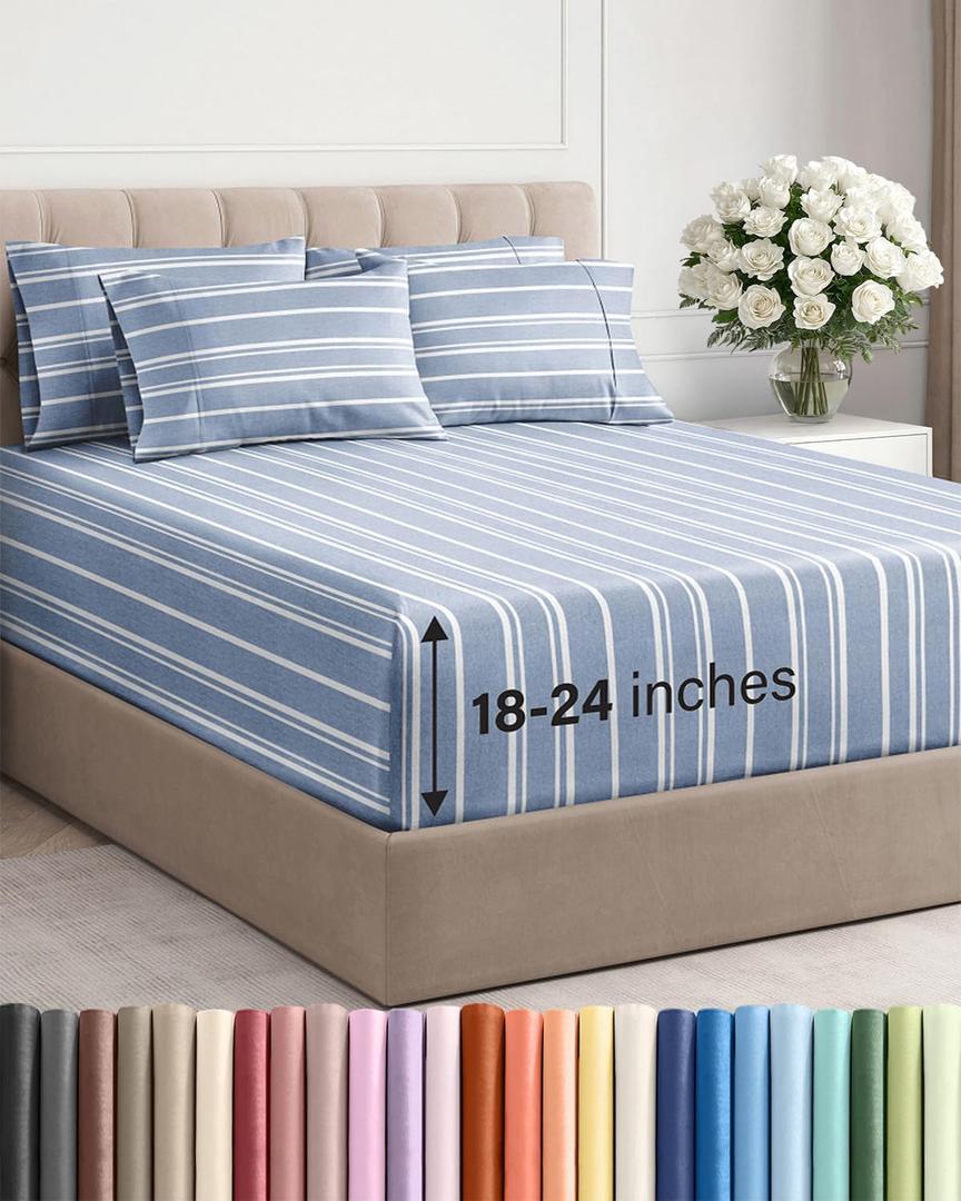 Extra Deep King Sheet Set - 6 Piece Breathable and Cooling Sheets - Hotel Luxury Bedding for Women, Men, Kids & Teens - Easy & Secure Fit - Soft and Wrinkle Free - Extra Deep Pockets - Blue Stripes