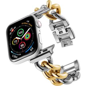 ALAMHI Compatible With Apple Watch Band 38mm/40mm/41mm, Gold Cowboy Chain Stainless Steel Metal Wristband Women Men Replacement for iWatch SE Series Ultra/9/8/7/6/5/4/3/2/1