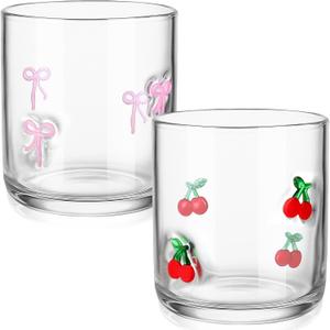 Skylety Set of 2 Pink Cherry Bow Icon Juice Glass 14oz Coquette Bow Glass Cup Pink Cherry Coffee Mug Gifts for Women Girls Mothers Day Birthday Bridal Shower Gifts