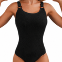 Herseas Women One Piece Swimsuit Solid Ribbed Monokini 2026 Vacation Swimwear Scoop Neck Low Back Modest Bathing Suit Black Medium (Black, M)