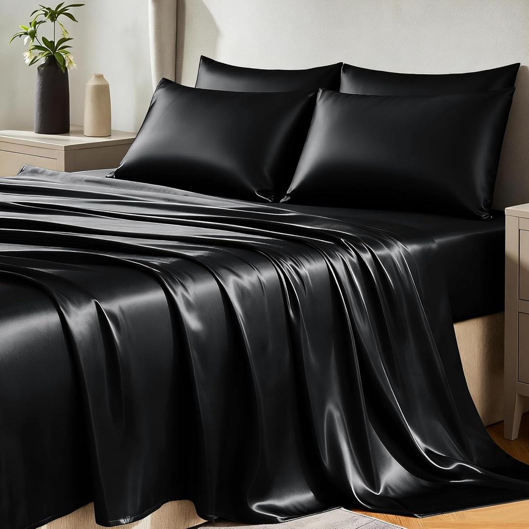 CozyLux Satin Sheets Queen Size Bed Set - 6 Piece Silky Queen Sheet Set, Luxury Black Queen Sheets with Smooth and Soft Microfiber, Includes 1 Fitted Sheet, 1 Flat Sheet and 4 Pillowcases