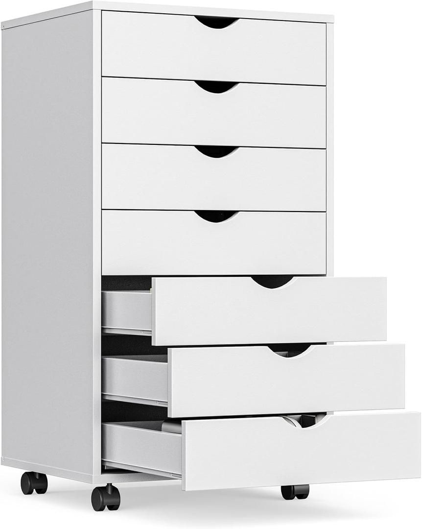OLIXIS 7 Drawer Mobile File Cabinet Under Desk Storage Organization with Wheels Vertical Filing Chest Rolling Wood Small Desk Printer Stand for Home Office, 15.75"D x 18.74"W x 34.25"H, White