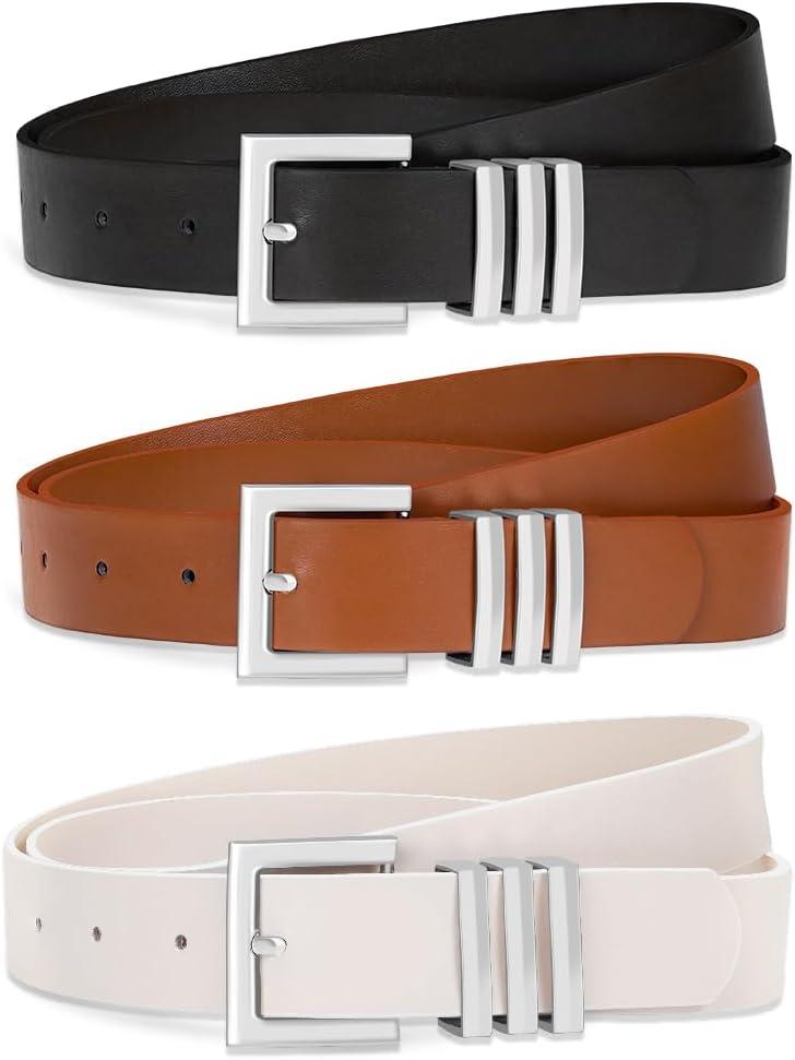 3 Pack Women Leather Belt for Jeans Pants Dresses Fashion Ladies Waist Belts with Gold Buckle (G-black+brown+beige(square Silver Buckle))